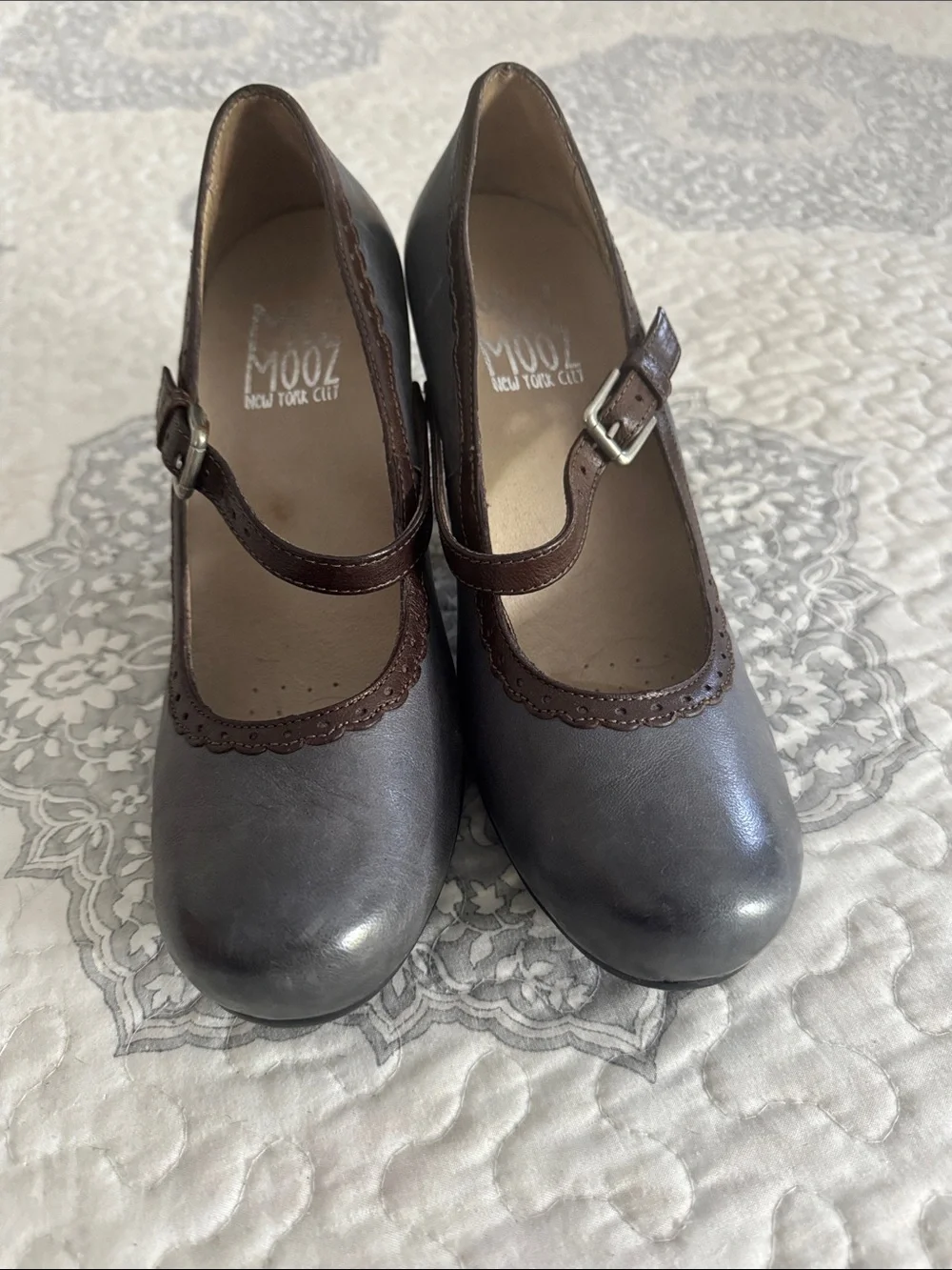 Miz Mooz Two-Tone Mary Jane Heels in Brown and Gray
